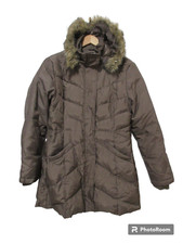 Sz M New York & Company Long Coat Down Puffer Jacket Hooded Brown Women's