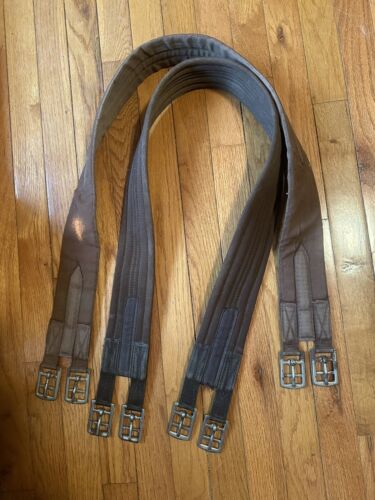 LOT Of 2 Synthetic Fabric Horse Girths Brown Non-Elastic SS Buckles 50” And 51”L - Afbeelding 1 van 7