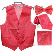 New Men's Vesuvio Napoli Paisley Tuxedo Vest Necktie, Bowtie  Hankie set Coral