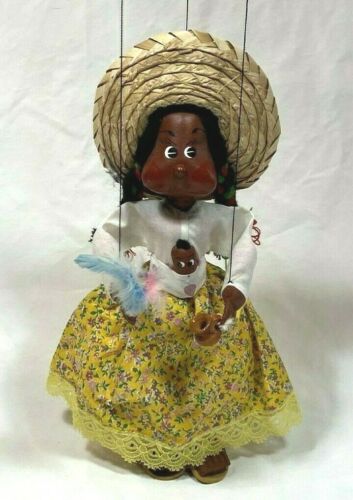 Vintage Mexican Girl Beautiful Hand-painted Face Marionette Puppet w/ Baby 13” - Picture 1 of 9