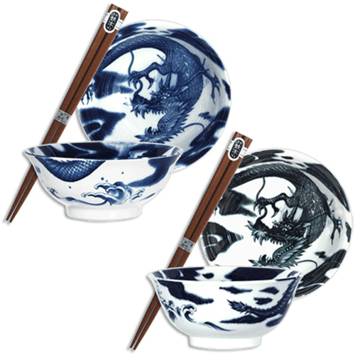 Set of 2 Japanese 6"D Porcelain Twin Dragon Rice Soup Noodle Bowls w/ Chopsticks - Picture 2 of 2