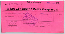 The Orr Electric Power Company Dillon, MT 1901 Billhead for $3.60 Monthly Bill