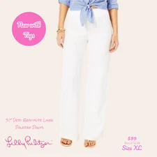 NWT Lilly Pulitzer 31" Deri Linen Palazzo Pant Size XL in Resort White