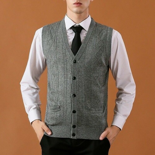 Men Wool Vest Sleeveless Cardigan 
