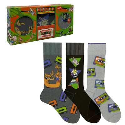 3 Pairs Nickelodeon Best Hits Crew Socks Catdog Rocko Rugrats Men Shoe Size 6-12