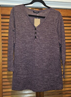 NWT SZ 10-M Bloomchic Purple Heather V-Neck Button Front Long Sleeve T-Shirt