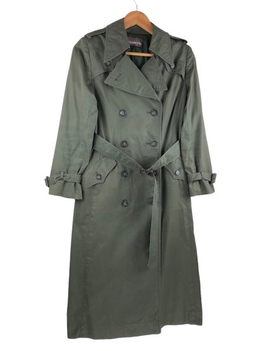 Vintage Sanyo Japanese Military Style Long Trench Coat Jacket Belt Green Women S - Picture 8 of 11