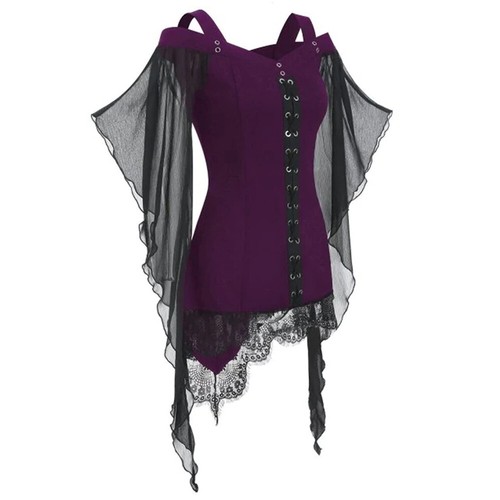 Halloween Ladies Steampunk Victorian Gothic Tops Lace Up Batwing Blouse Clothes - Picture 6 of 14