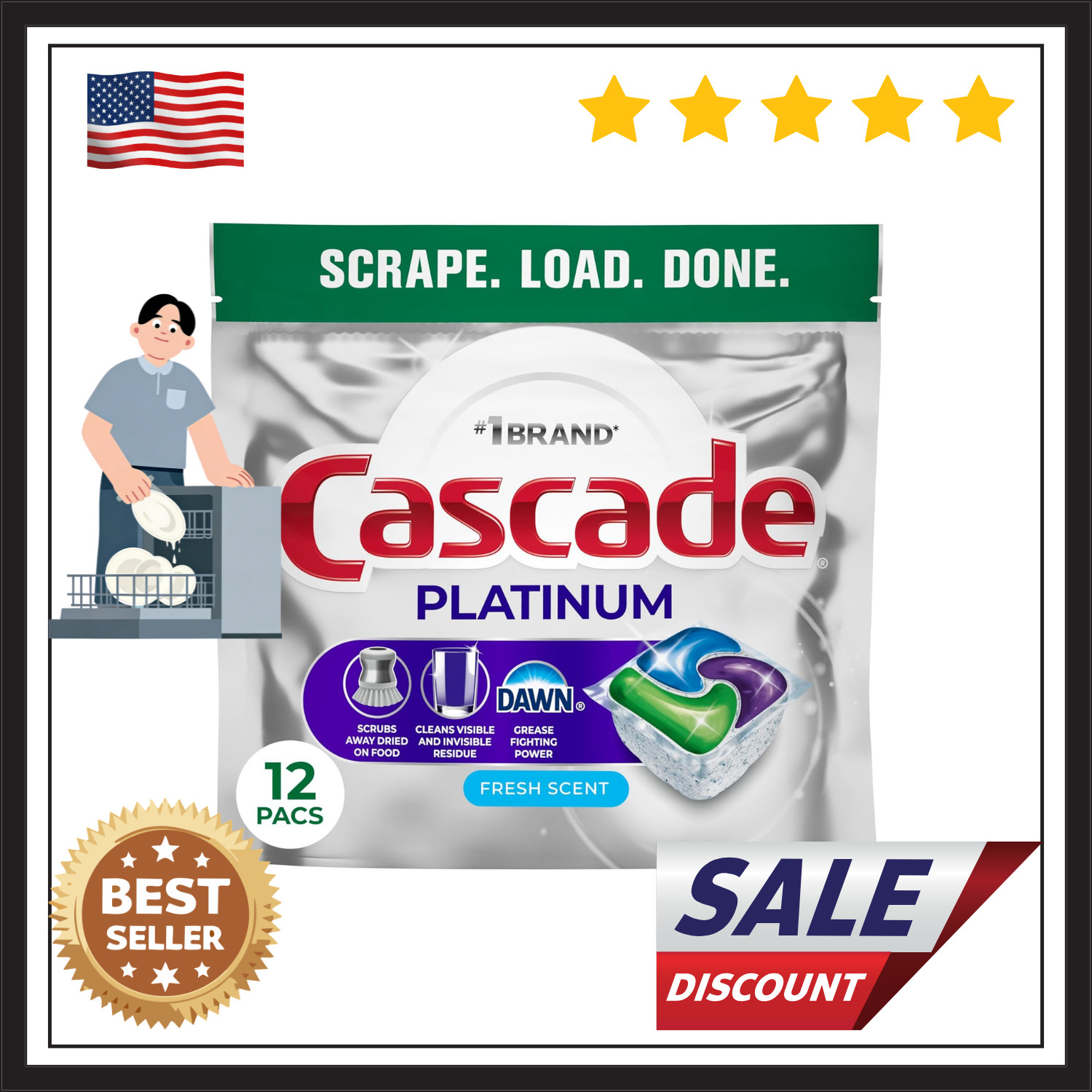 Cascade Platinum Dishwasher Pods Fresh Scent Dish Detergent Soap 12 Count (1 pk)
