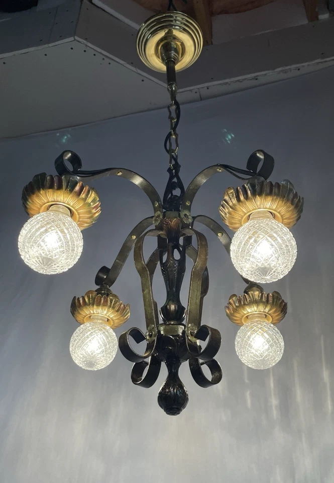 ВОССТАНОВЛЕННАЯ антикварная винтажная декоративно-прикладного искусства викторианская люстра подвесной светильник на 4 руки - Изображение 4 из 4