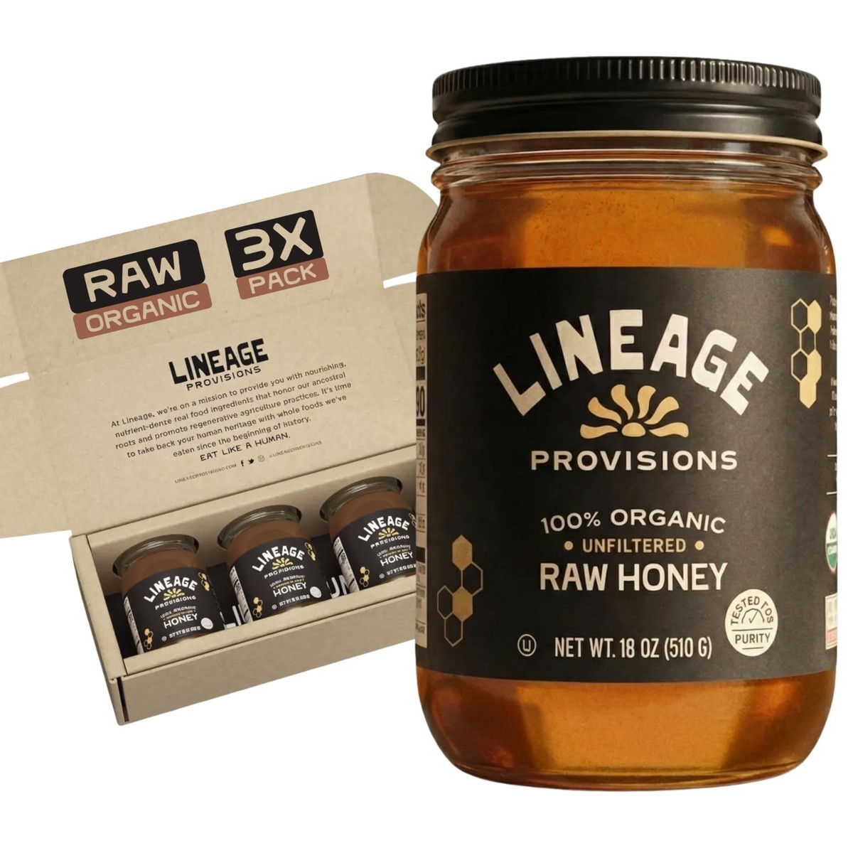 米・雑穀・粉類 honey 100% Organic Raw Unfiltered Honey 3-Pack (18 oz Jars) - Glyphosate