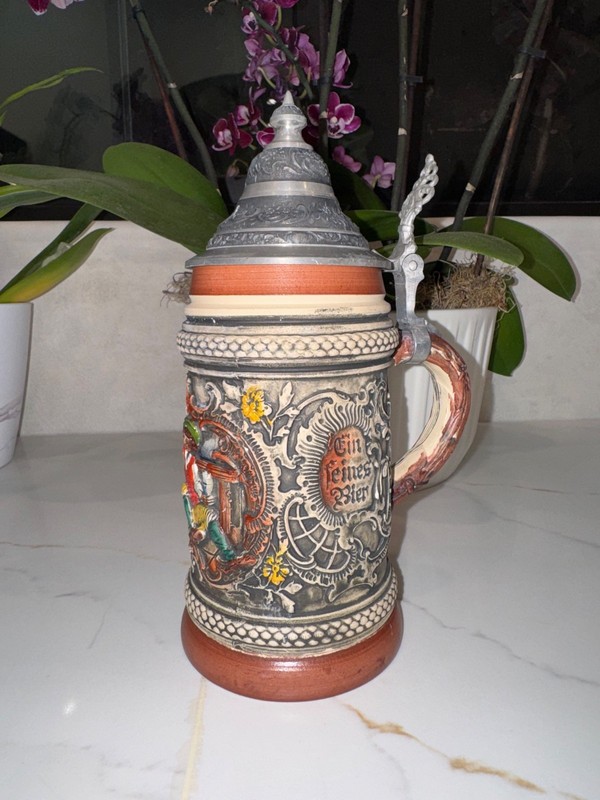 Lidded Beer Stein Blue & White Ceramic Mug w/ Hinged Metal/Pewter Lid Breweriana