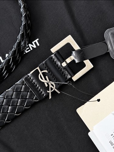 Saint Laurent YSL Cassandre Woven Leather Belt Black Size 95 Silver NWT