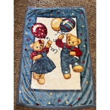 Vintage Blue Jean Teddys Fleece Baby Blanket Bears Balloons Boy Girl EXCELENT 