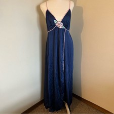 Vintage Lorraine Navy Blue Satin Nightgown Pink Trim Floral Appliqu  Large USA