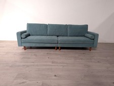 Contemporary Sky Blue Velvet & Brown Wood Legs 4 Seater Sofa RRP £1000