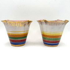 2 VTG Pottery Small Hand Painted Colorful Striped Scalloped Pots Gold Trim Italy