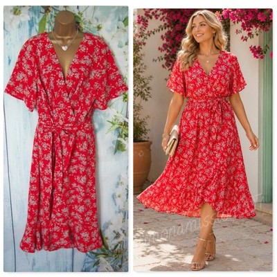 Quiz Midikleid rot Blumen UK 22 Wickeloptik Hochzeit Gast Anlass Party Gürtel