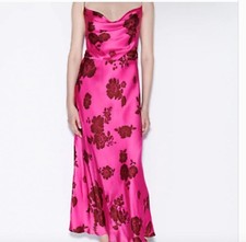 NWT ZARA Midi Length Pink Brown Floral Slip Dress Size Small