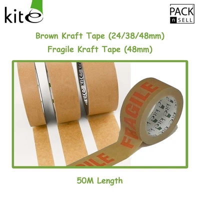 PACKNSELL Brown Kraft Paper Packaging Parcel Tape Eco Friendly Biodegradable Recyclable50m