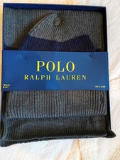 Polo Ralph Lauren Beanie Hat Scarf 2-Piece Set Gray Navy One Size NWT