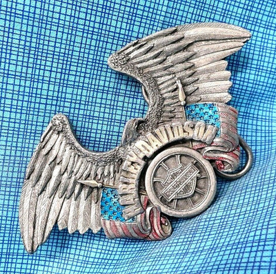 Harley Davidson Eagle Flags Belt Buckle Motorcycles Biker Vtg 90s USA    .XTT573