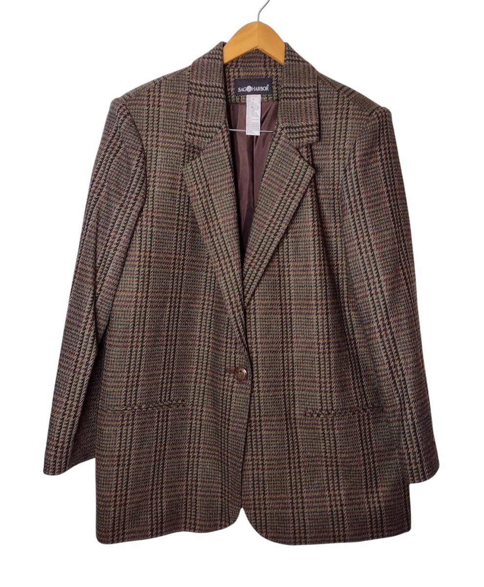 Sag Harbor Glen Plaid Wool Blend Blazer Jacket Women's Sz 16 Vtg