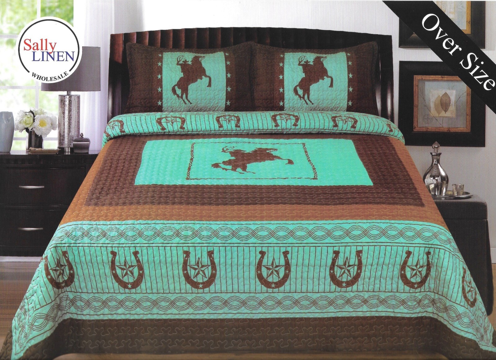 Teal Western Horse Rider Oversized 3-Piece Bedspread Set  -image
