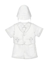 BABY BOYS WHITE CHRISTENING BAPTISM SUIT SET SHORT SLEEVE BOW TIE HAT - KC