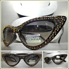 Classy Retro Cat Eye Style SUN GLASSES Black Frame Sparkling Bling Rhinestones