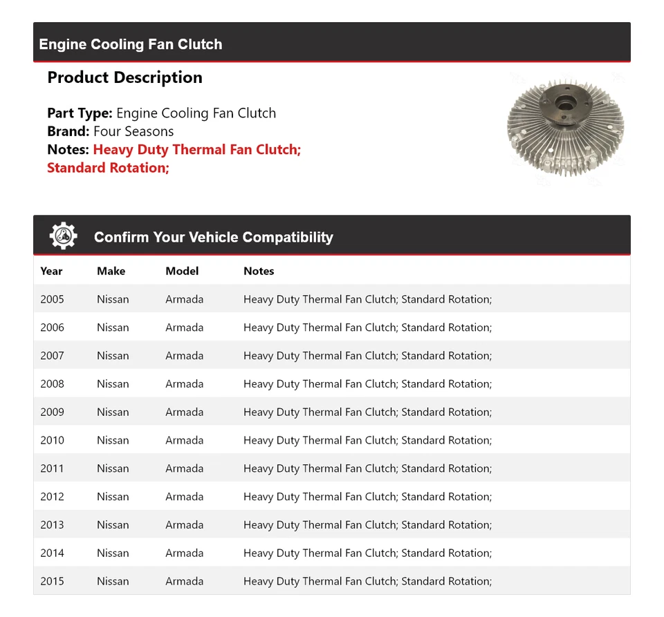 Embrague ventilador refrigeración motor Nissan Armada 2005-2015 4 estaciones 2006 2007 2008 Foto 2 de 4