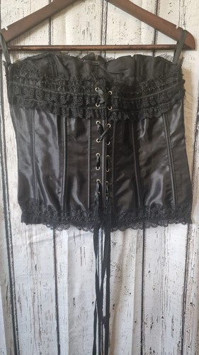 Plus Size 3XL Black Satin Corset. Boned Bows Laced & Zip Sexy Bondage Steampunk - 第 1/4 張圖片
