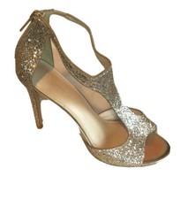 David's Bridal Silver Glitter/Gold Accents Bridal Formal Party Shoe Sz 8 Bk Zip