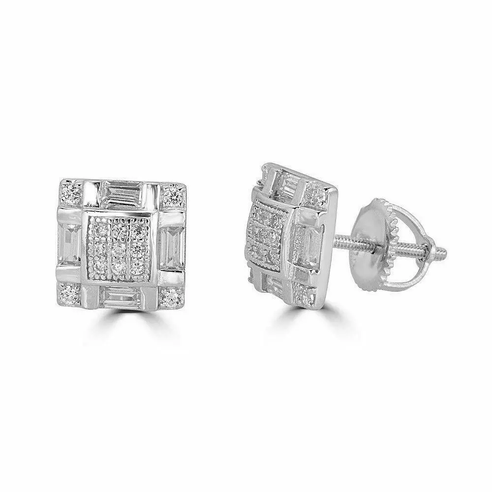 Men s REAL 925 Sterling Silver 8mm Stud Square Earrings Baguette CZ BLING