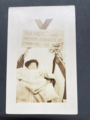 Postcard RPPC Ski Heil Merry Christmas~ Cambridge Mass postmark