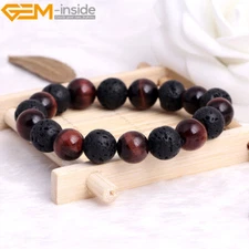 Stretchy Natural Lava Rock Tiger Eye Round Beaded Elastic Bracelet 8'' Handmade