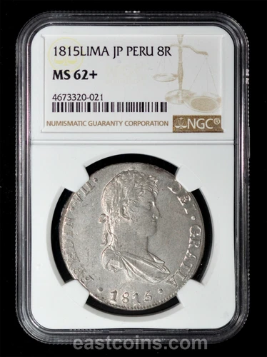 NGC MS62+ 1815 LM JP Peru Ferdinand VII Silver 8 Reales