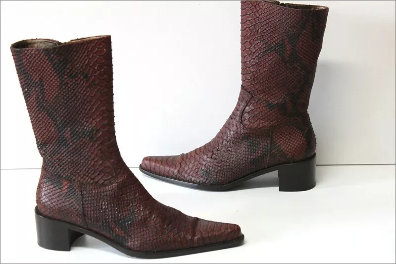 MANFIELD Bottines Pointues Cuir Imprimé Reptile Marron Acajou T 37 ETAT NEUF - Photo 2/4