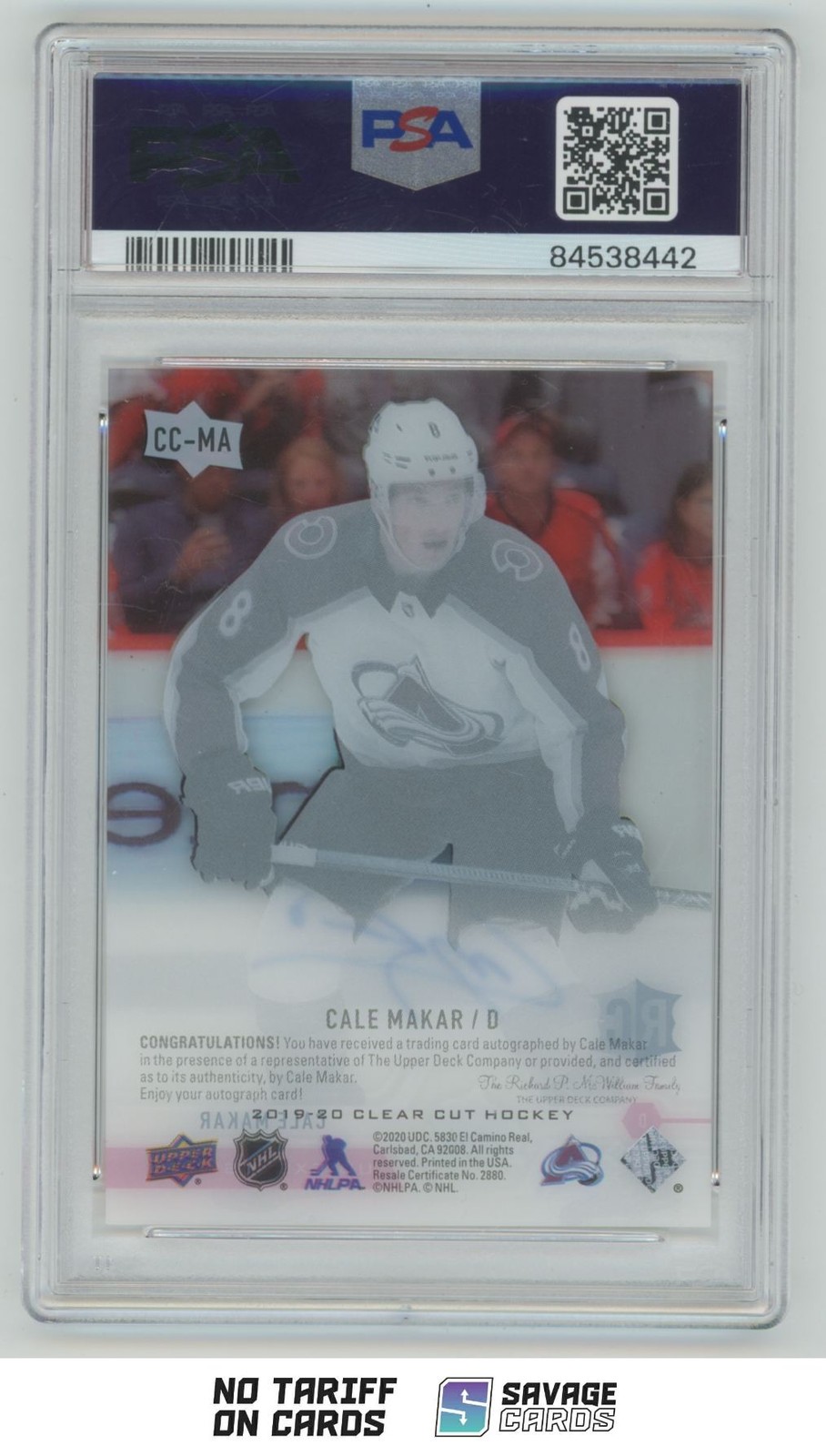 2019-20 Upper Deck Clear Cut Exclusives Rookie Auto Cale Makar PSA 9 /35 #CC-MA view 2