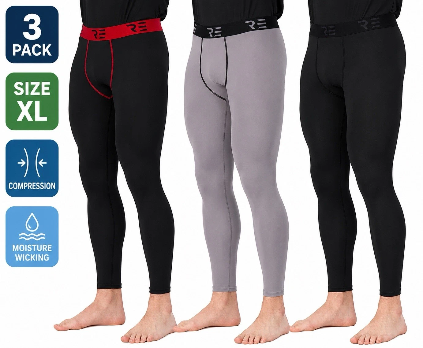 Real Essentials Mens XL Compression Pants 3 Pack Black Gray Red