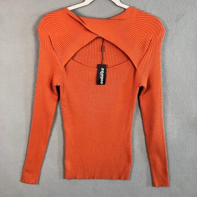 Zeagoo Women's Orange Ribbed Knit Twist Neck Cutout Shoulder Top Size S NWT