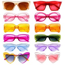 12 Mixed Style Sunglasses Retro Colored Party Glasses Solid Clear Color Costume