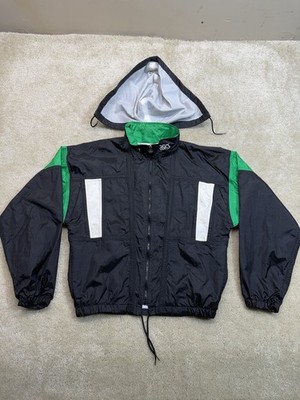Vintage 90s Asics Windbreaker Mens Small Black White Green Nylon Full Zip Hooded
