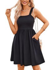 HOTOUCH Women's Summer Strap Square Neck Sleeveless Dress with Small, Black