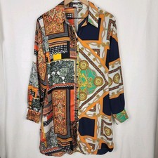 Fashion Nova Hold My Calls Shirt Mini Dress Orange Patchwork Baroque Print L