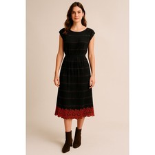 Vintage 80's Womans S Plisse Pleated Midi Dress Dark Floral Elastic Waist Black