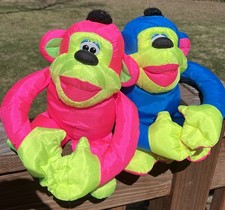 2 Vintage Fisher Price PUFFALUMP Chattering MONKEY Monkeys Blue Pink Soft Plush