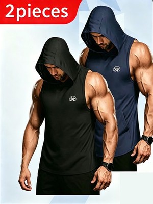 2er Pack Herren Kapuzen Top Herren Tanktop Muskelshirt Running Ärmellos T-Shirt