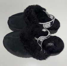UGG Funkette Black Suede Platform Slingback Slippers for Kids.