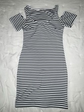 DY DN Black White Striped Cold Shoulder Bodycon Dress Knee Length Scoop Neck S